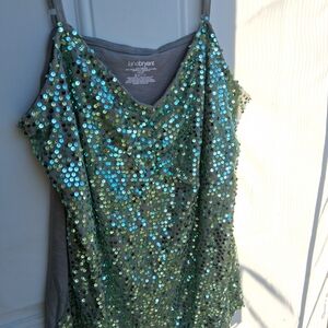 Lane Bryant Green Sequin Cami with Iridescent Blue-Green Shine